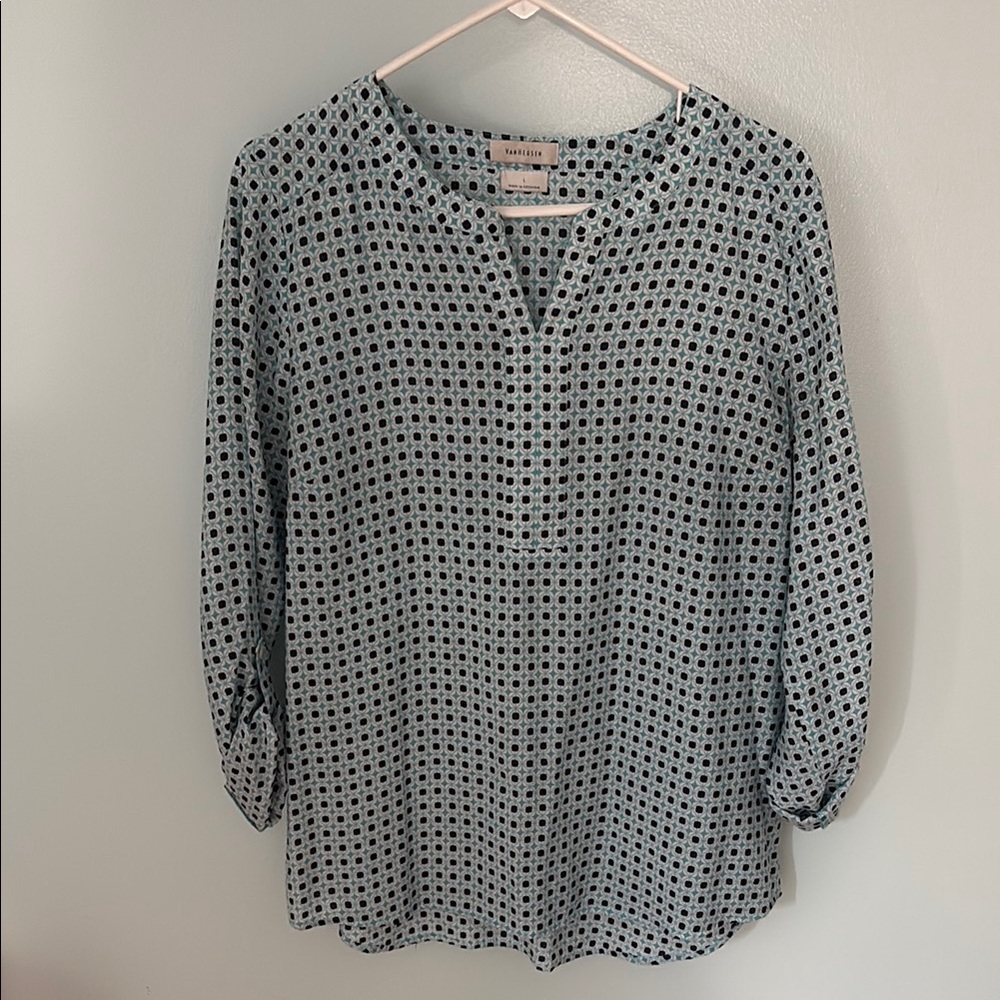 Van Heusen White, Navy Blue and Turquoise Print Cuffed Sleeve Blouse